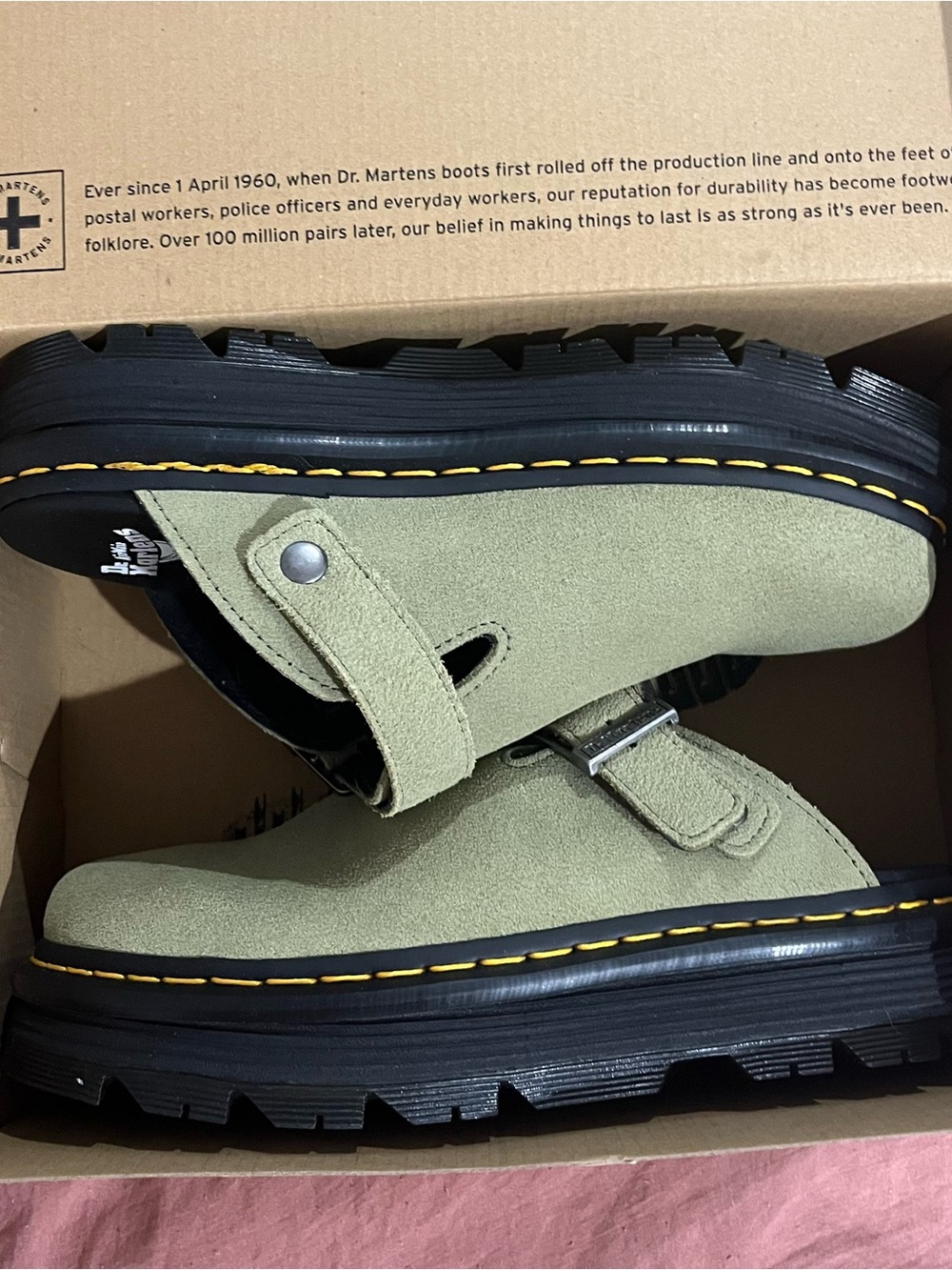 Dr. Martens ZEBZAG Olive Green Suede Platform Clog - Picture 2 of 3
